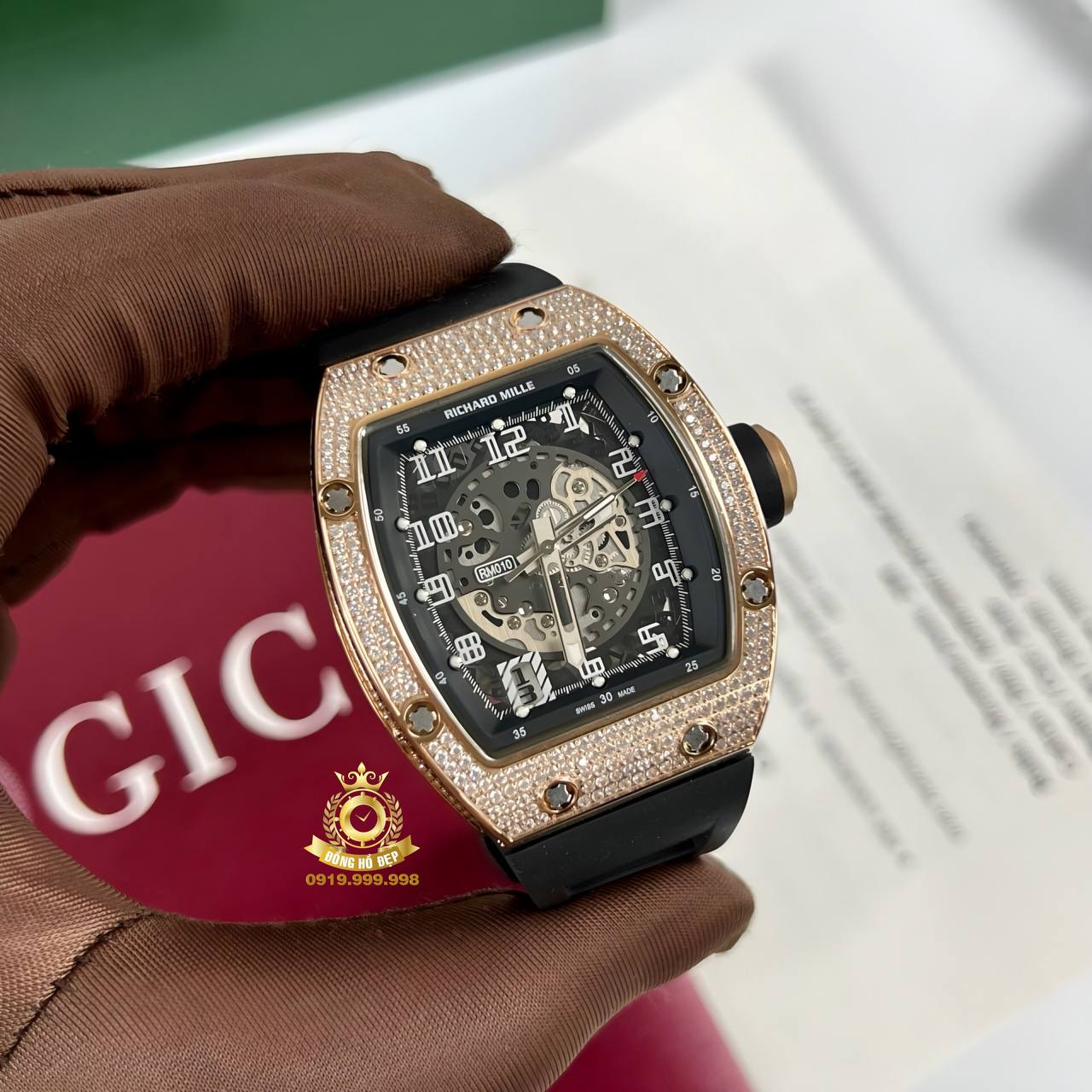 Richard Mille RM010 Rose Gold Full Diamond. ng H p Uy T n