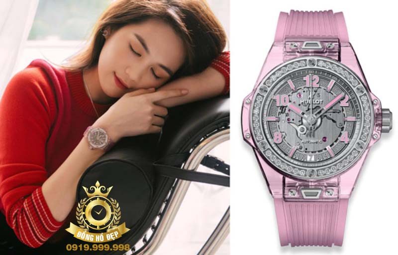 Ngọc Trinh trang trí đồng hồ Hublot One Click Pink Sapphire Diamonds 39 mm trên tay của mình